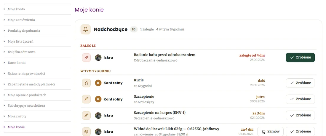 Menu konta klienta z pozycją Moje konie