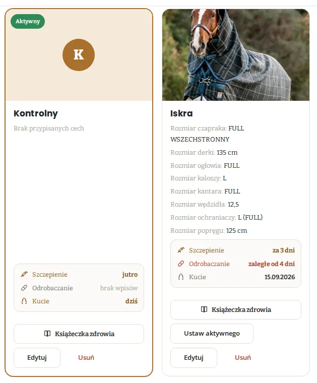 Karty koni z podsumowaniem zdrowia i przyciskiem Książeczka zdrowia