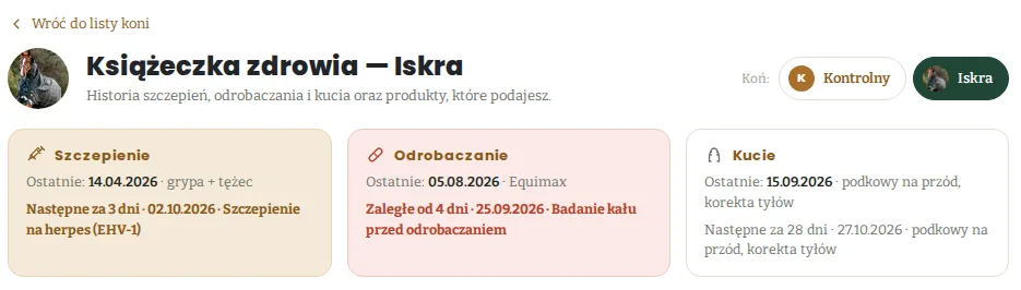 Nagłówek książeczki zdrowia z kafelkami Szczepienie, Odrobaczanie i Kucie