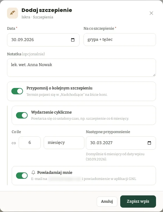 Okno dodawania szczepienia z przełącznikiem Przypomnij o kolejnym szczepieniu, cyklicznie co 6 miesięcy