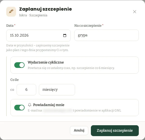 Okno Zaplanuj szczepienie na grypę z datą z przyszłości, cyklicznie co 6 miesięcy