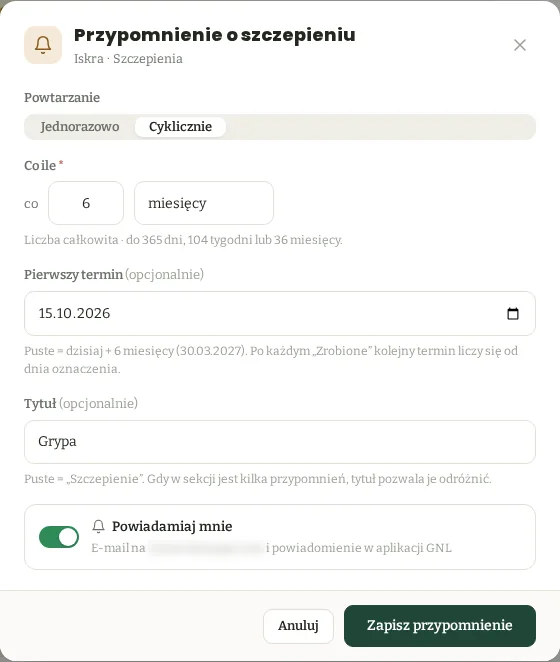 Okno przypomnienia cyklicznego co 6 miesięcy z tytułem Grypa