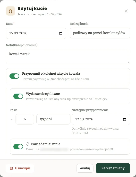 Edycja wpisu o kuciu z przełącznikiem Przypomnij o kolejnej wizycie kowala i przyciskiem Usuń wpis