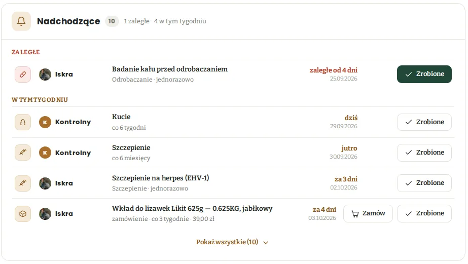 Lista Nadchodzące z przyciskami Zrobione i Zamów