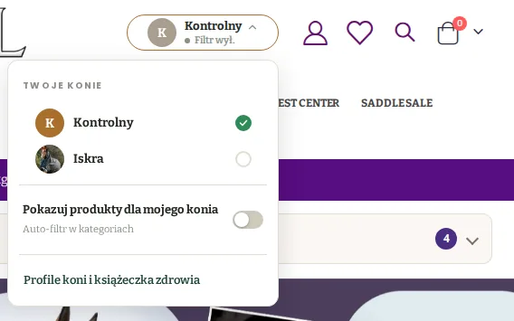 Rozwinięte menu Mój koń w nagłówku sklepu